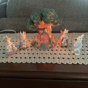 Easter Village Set Bunny Rabbit Family Lighted Tree House Decoration Vintage 90s